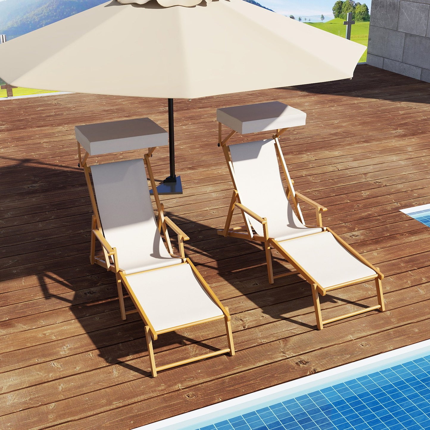 Birch Wood Chaise Lounge Chair with Adjustable Canopy Reclining Backrest and Footrest-Beige