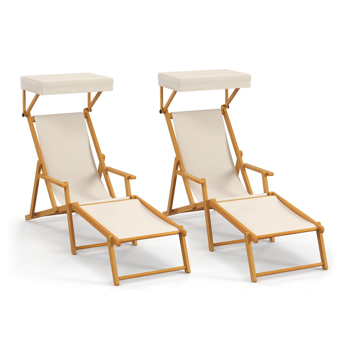Birch Wood Chaise Lounge Chair with Adjustable Canopy Reclining Backrest and Footrest-Beige