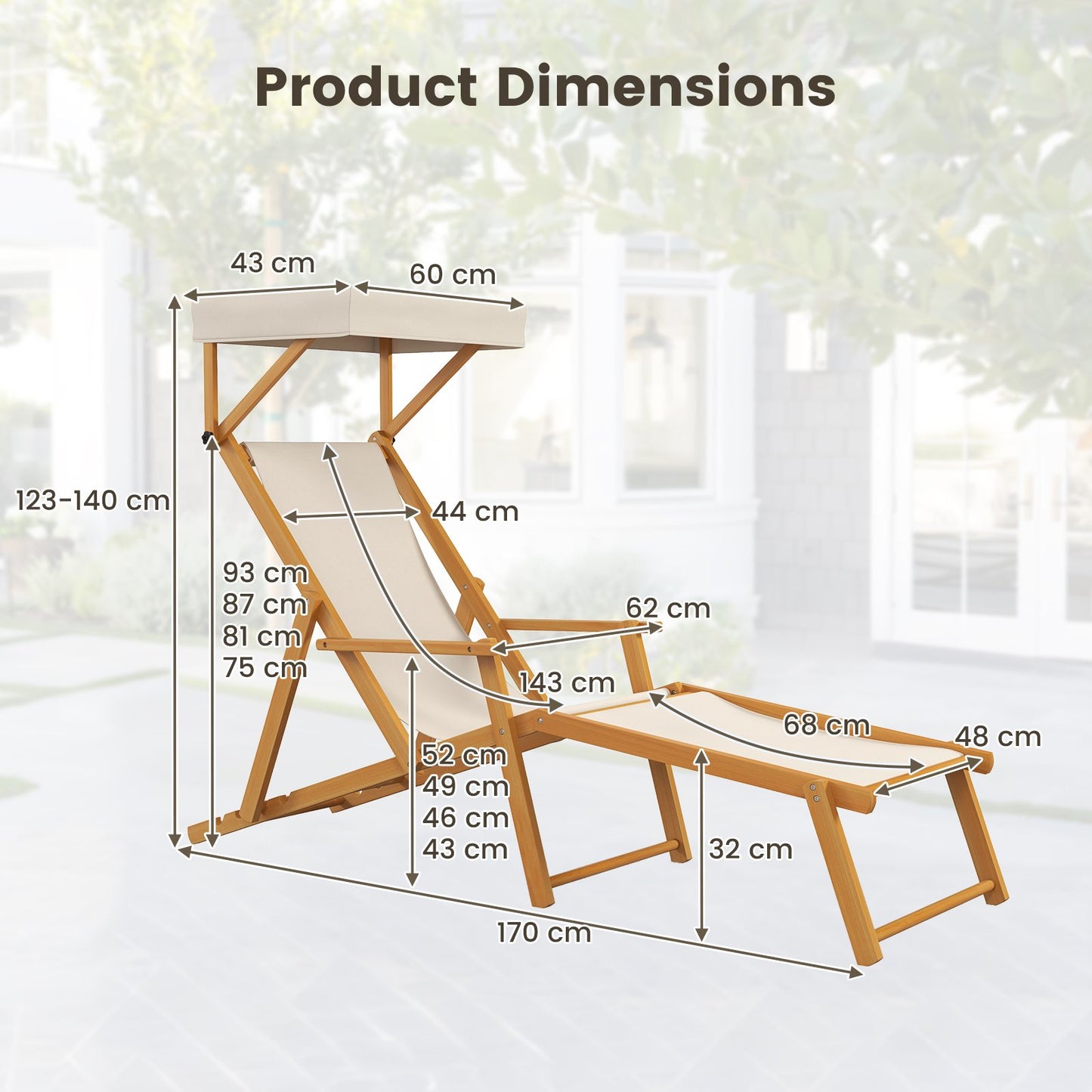 Birch Wood Chaise Lounge Chair with Adjustable Canopy Reclining Backrest and Footrest-Beige