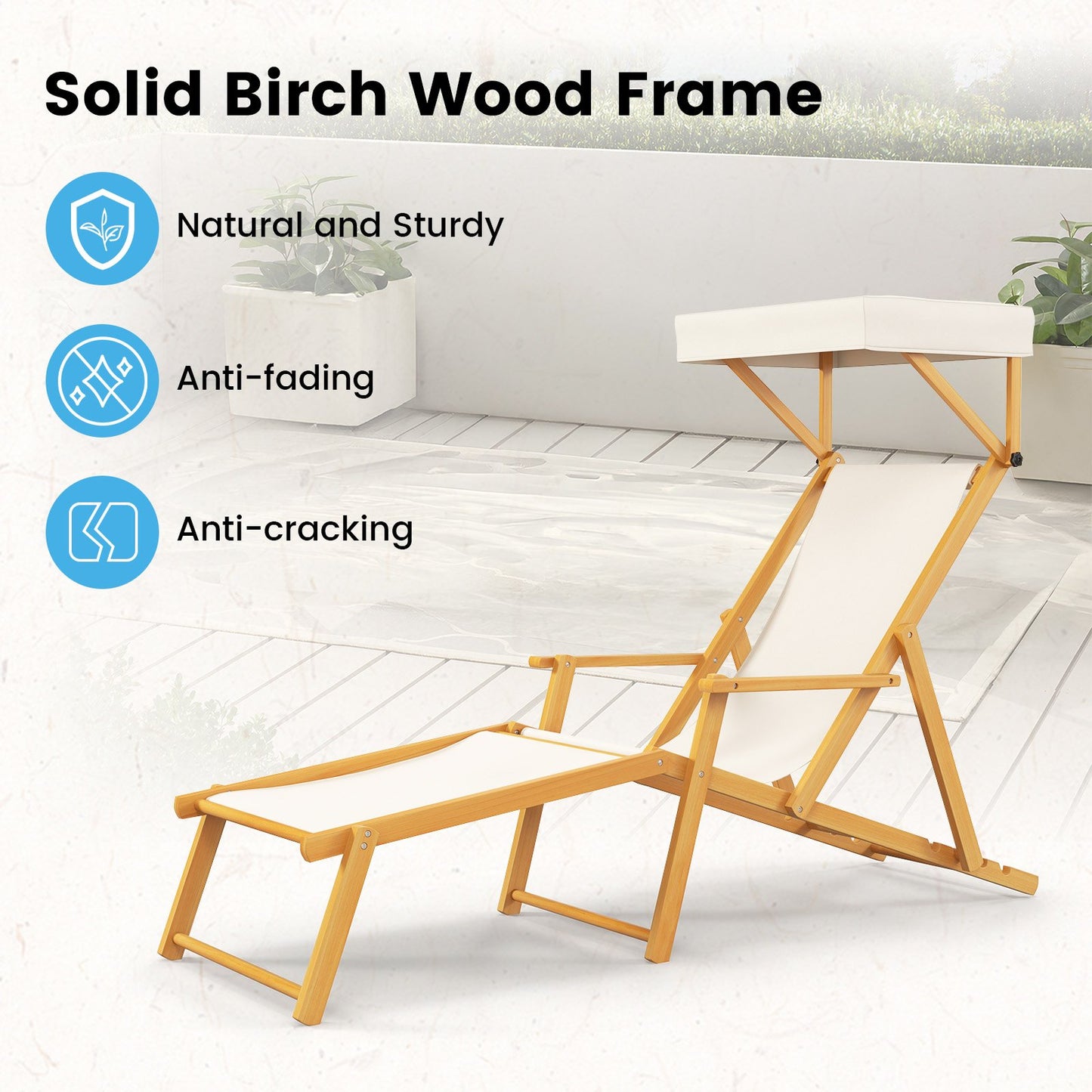 Birch Wood Chaise Lounge Chair with Adjustable Canopy Reclining Backrest and Footrest-Beige