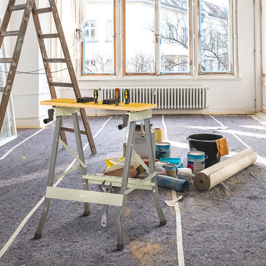 طاولة عمل 4 في 1 من DURHAND، طاولة منشار قابلة للطي مع 4 أوتاد تثبيت قابلة للتعديل لمرآب المنزل، باللون الرمادي