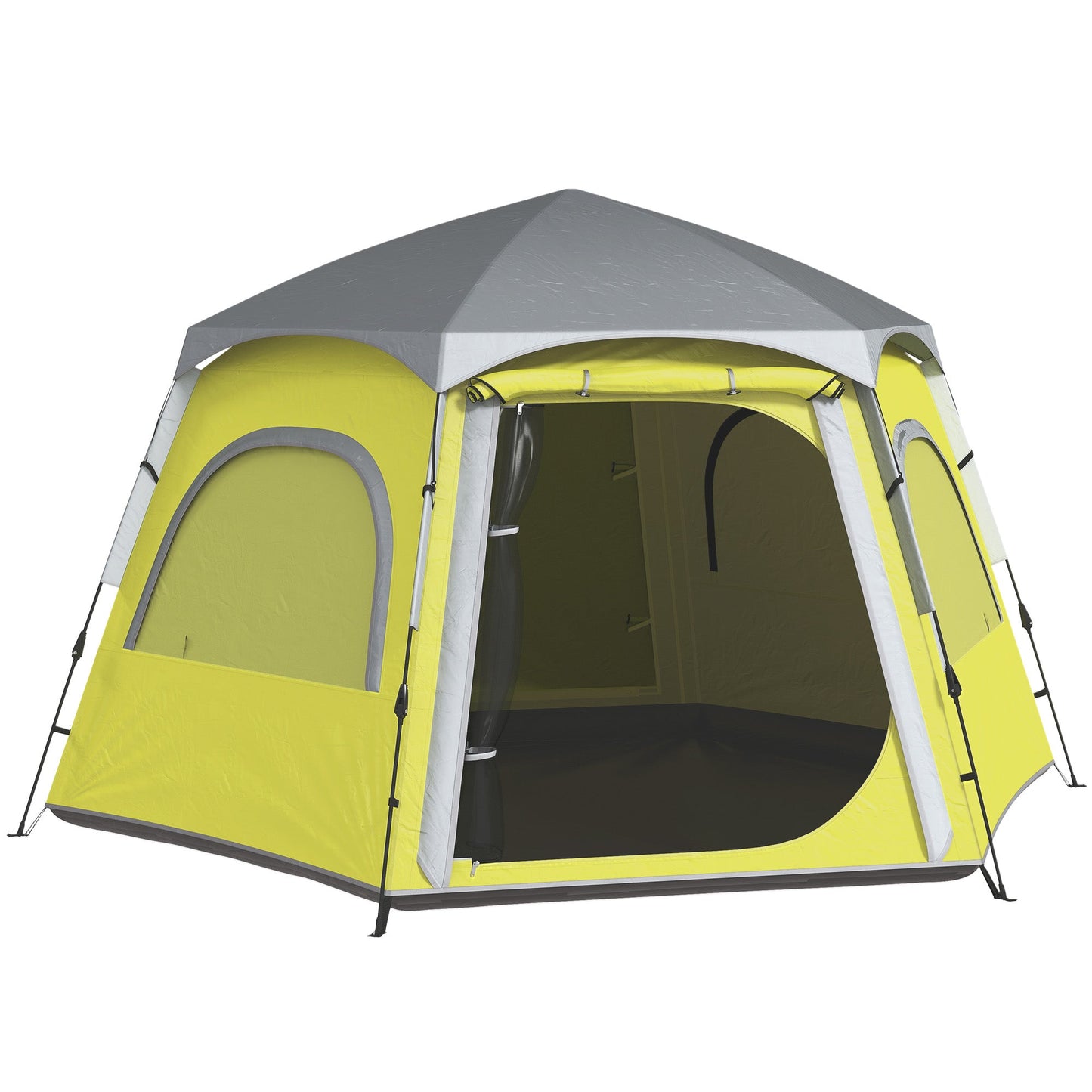 Outsunny Instant Pop Up Camping Tent, 2/3/4 osobowy łatwy w rozkładaniu namiot rodzinny z przedsionkiem, tropikiem, 4 oknami z siatki i 2 drzwiami, sześciokątny design, wodoodporny i z ochroną UV, żółto-zielony