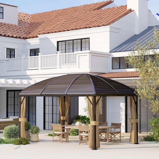 Outsunny 3 x 4m Hardtop Gazebo Canopy with Metal Roof, Aluminium Gazebo Permanent Pavilion with Netting and Curtains, Brown