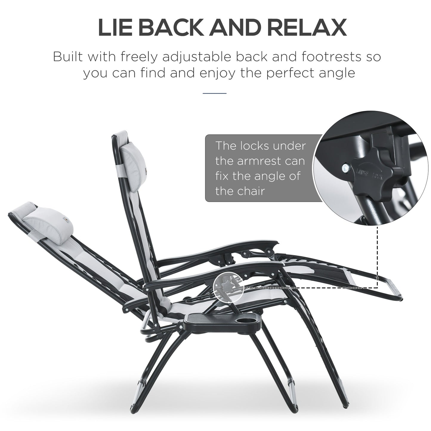 Outsunny Zero Gravity Lounger Chair, składany rozkładany fotel ogrodowy z wyściełanym siedziskiem, uchwytem na kubek, miękką poduszką i zagłówkiem do użytku przy basenie, kempingowy, jasnoszary