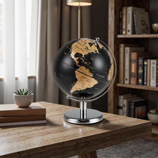 20CM Rotating Metallic Black World Globe with Metal Stand for Home School-Golden