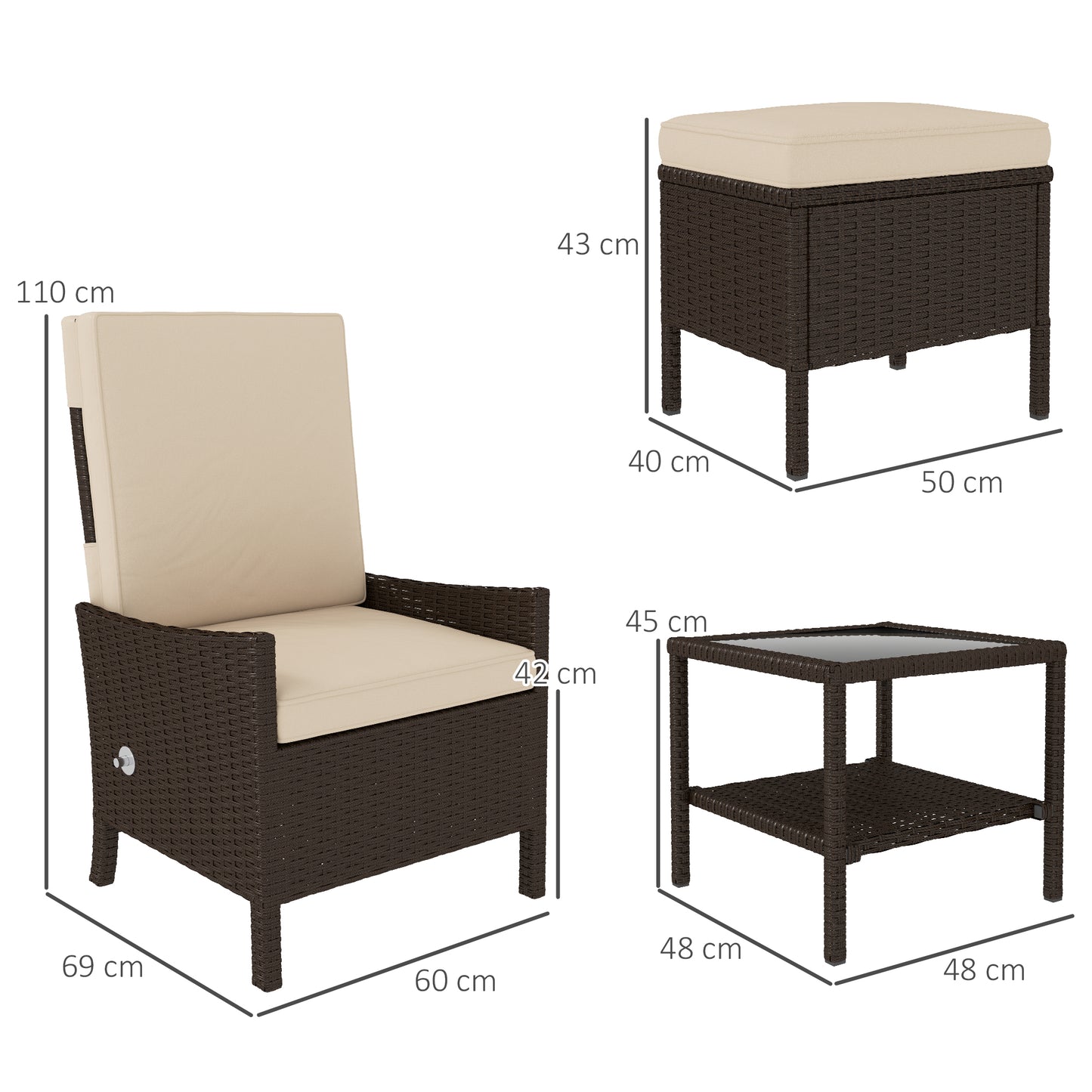 Zestaw mebli ogrodowych Outsunny z rattanu, 5 elementów, wiklinowy zestaw wypoczynkowy na patio z 2 fotelami, 2 podnóżkami, szklanym stolikiem kawowym z półką, meblami ogrodowymi z regulowanymi oparciami, poduszkami, kolor khaki