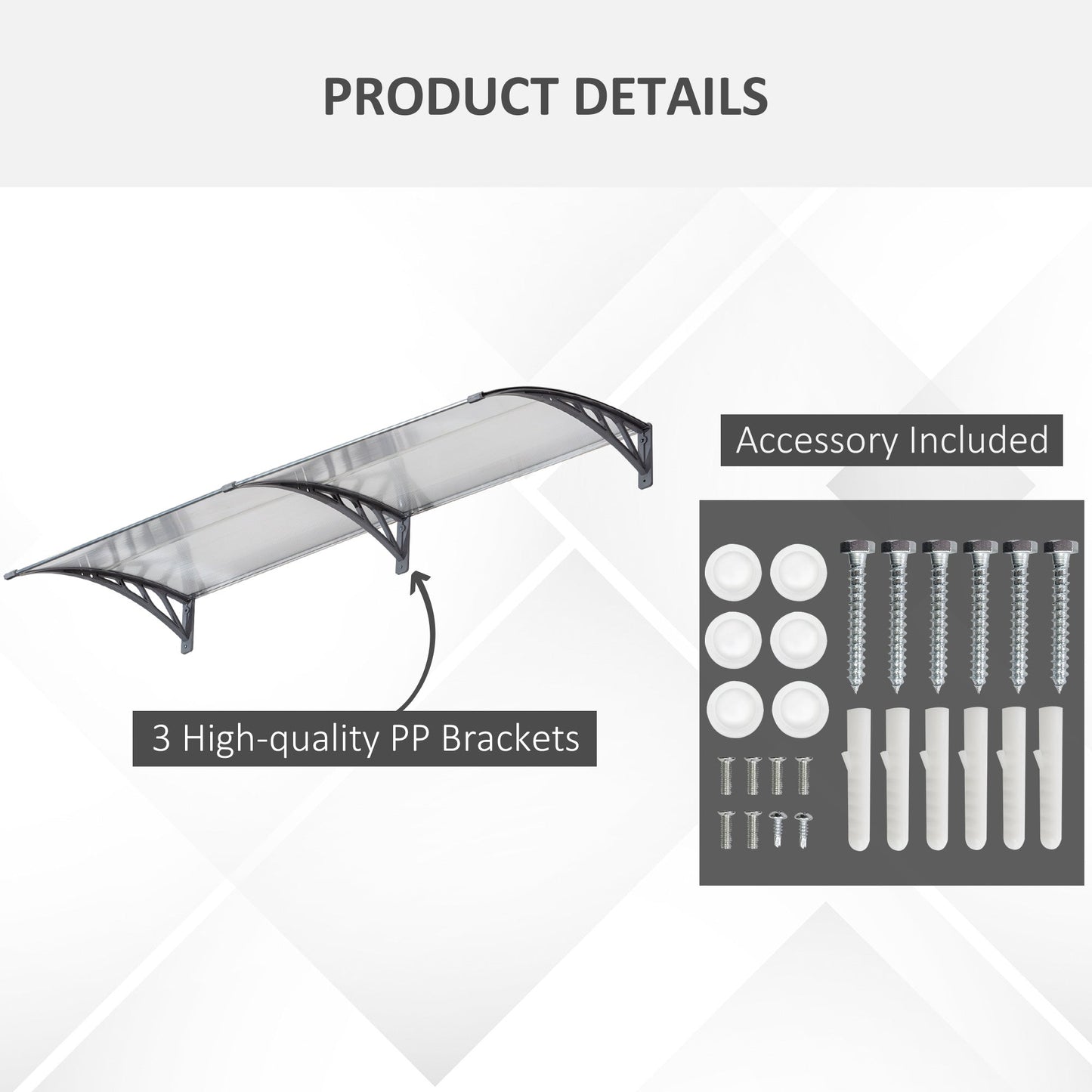 Outsunny Front Door Canopy Outdoor Awning Aluminium Rigid Plastic Polycarbonate Rain Shelter UV Water Rain Resistant 196 x 75cm Clear