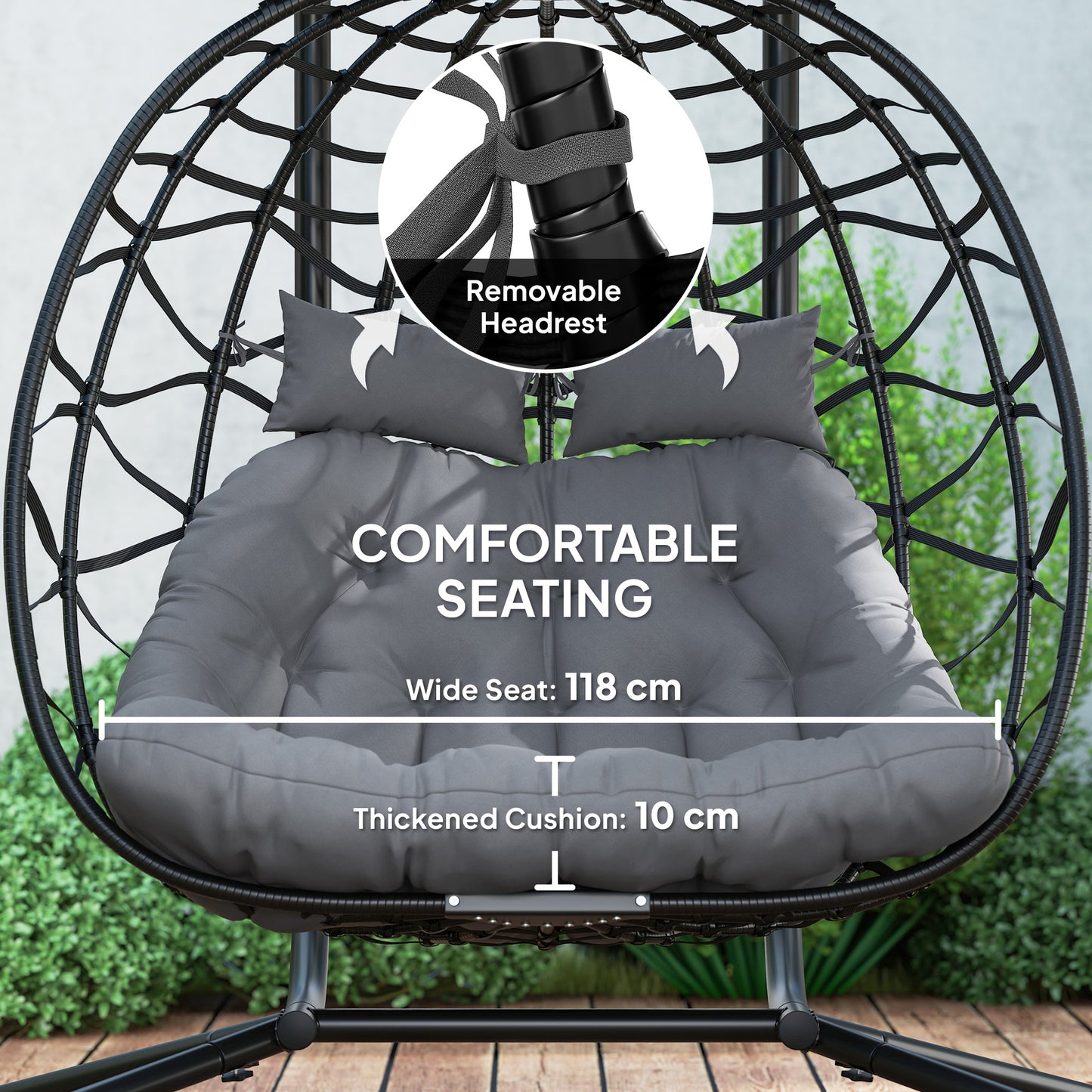 Outsunny Rattan Double Hanging Egg Chair z baldachimem, składany wiklinowy fotel hamakowy Egg z poduszką, poduszkami pod głowę, stojakiem, stalową ramą, fotelem hamakowym do wewnątrz i na zewnątrz, nośność 260 kg, czarny