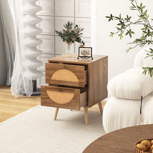 Bohemian Style Rattan Nightstand End Side Table with 2 Drawers-Oak