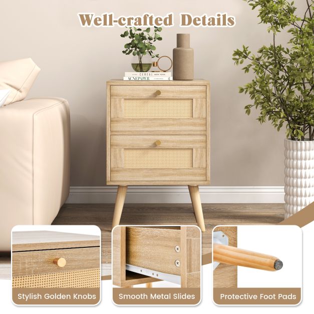 Rattan Nightstand Boho Accent Bedside Table with 2 Storage Drawers-Natural