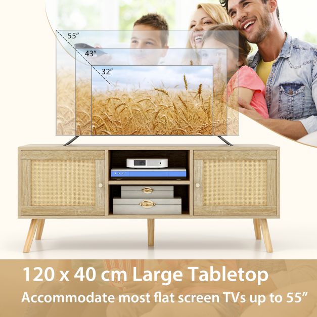 PE Rattan Media Console Table with 2 Cabinets and Open Shelves