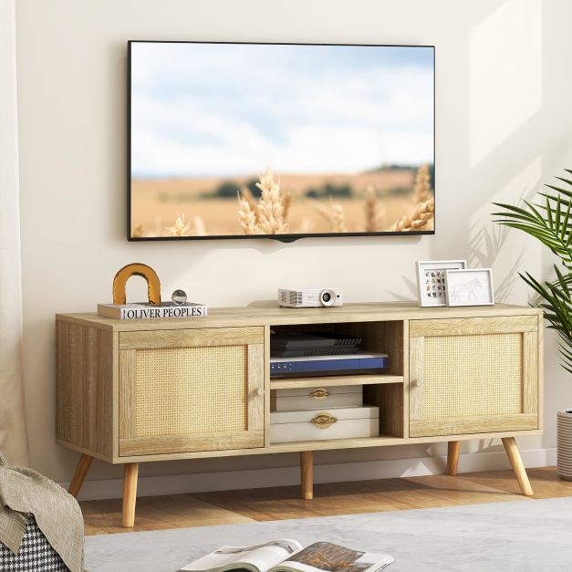 PE Rattan Media Console Table with 2 Cabinets and Open Shelves