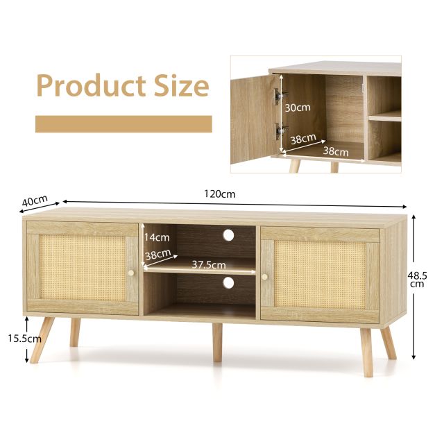 PE Rattan Media Console Table with 2 Cabinets and Open Shelves