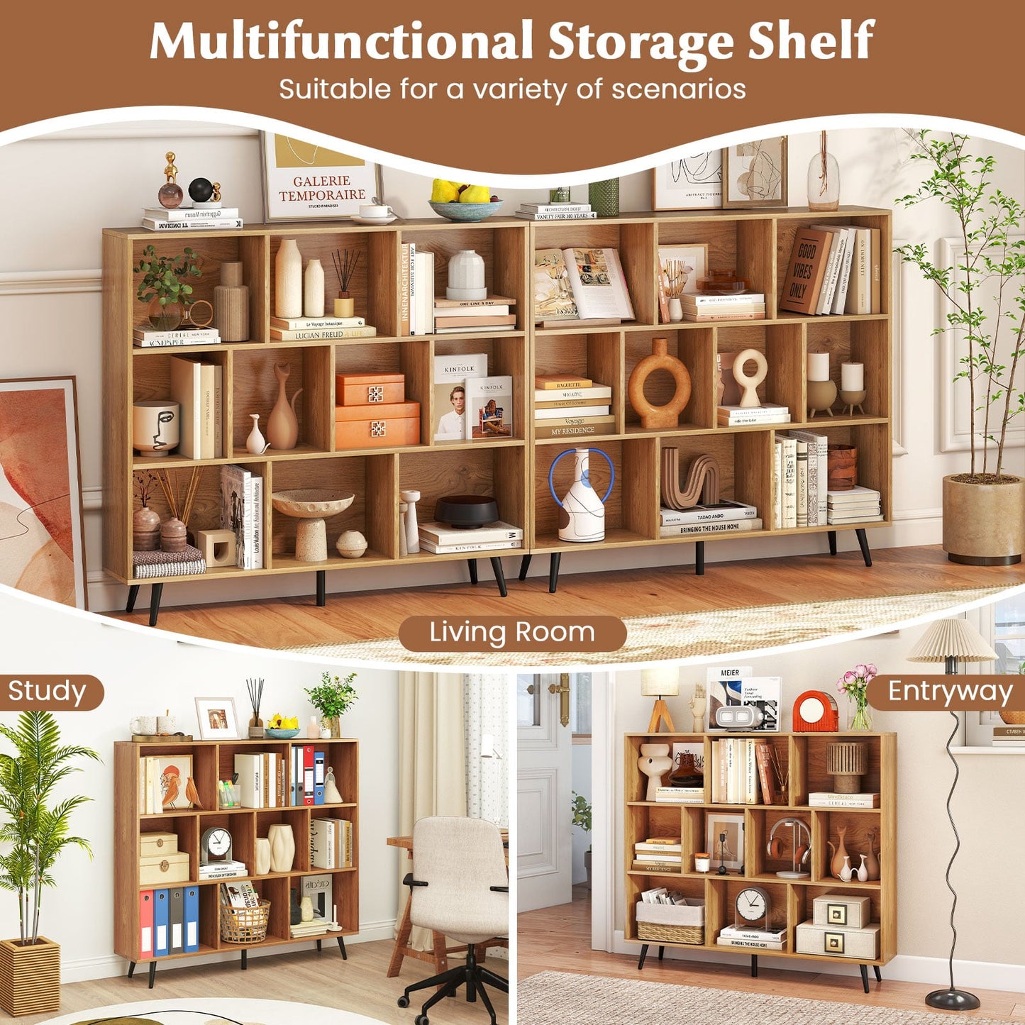 10-Cube Bookcase 120 CM Mid Century Modern Storage Organizer-Natural