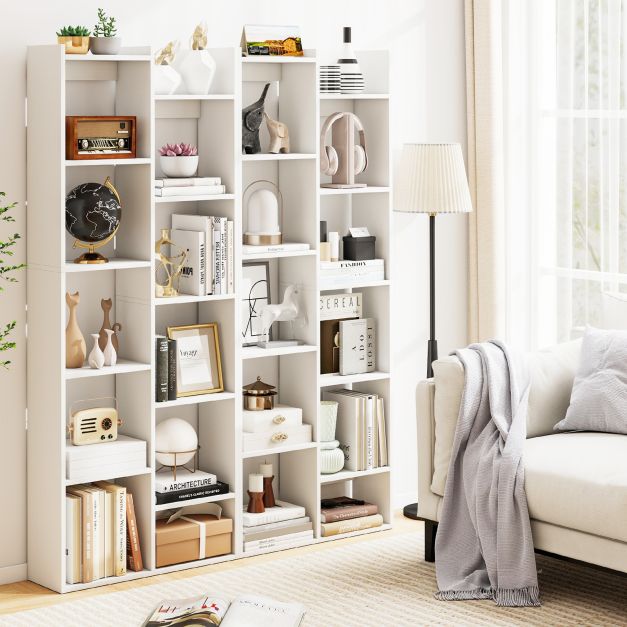12-Tier Bookcase with Anti-Tipping Kits and Wood Display Shelf-White