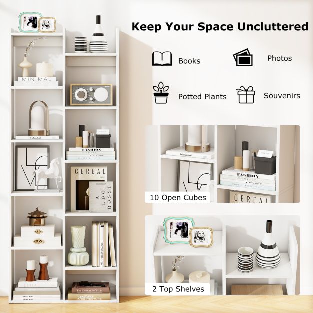 12-Tier Bookcase with Anti-Tipping Kits and Wood Display Shelf-White