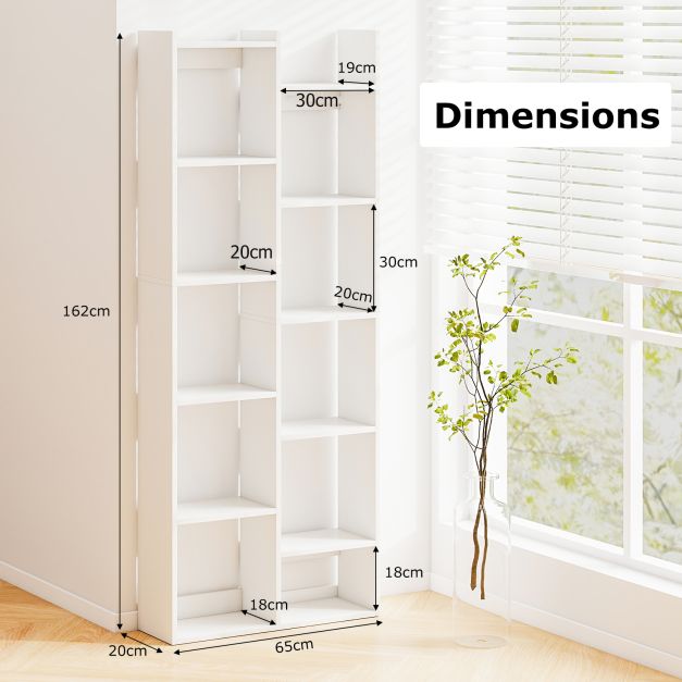 12-Tier Bookcase with Anti-Tipping Kits and Wood Display Shelf-White