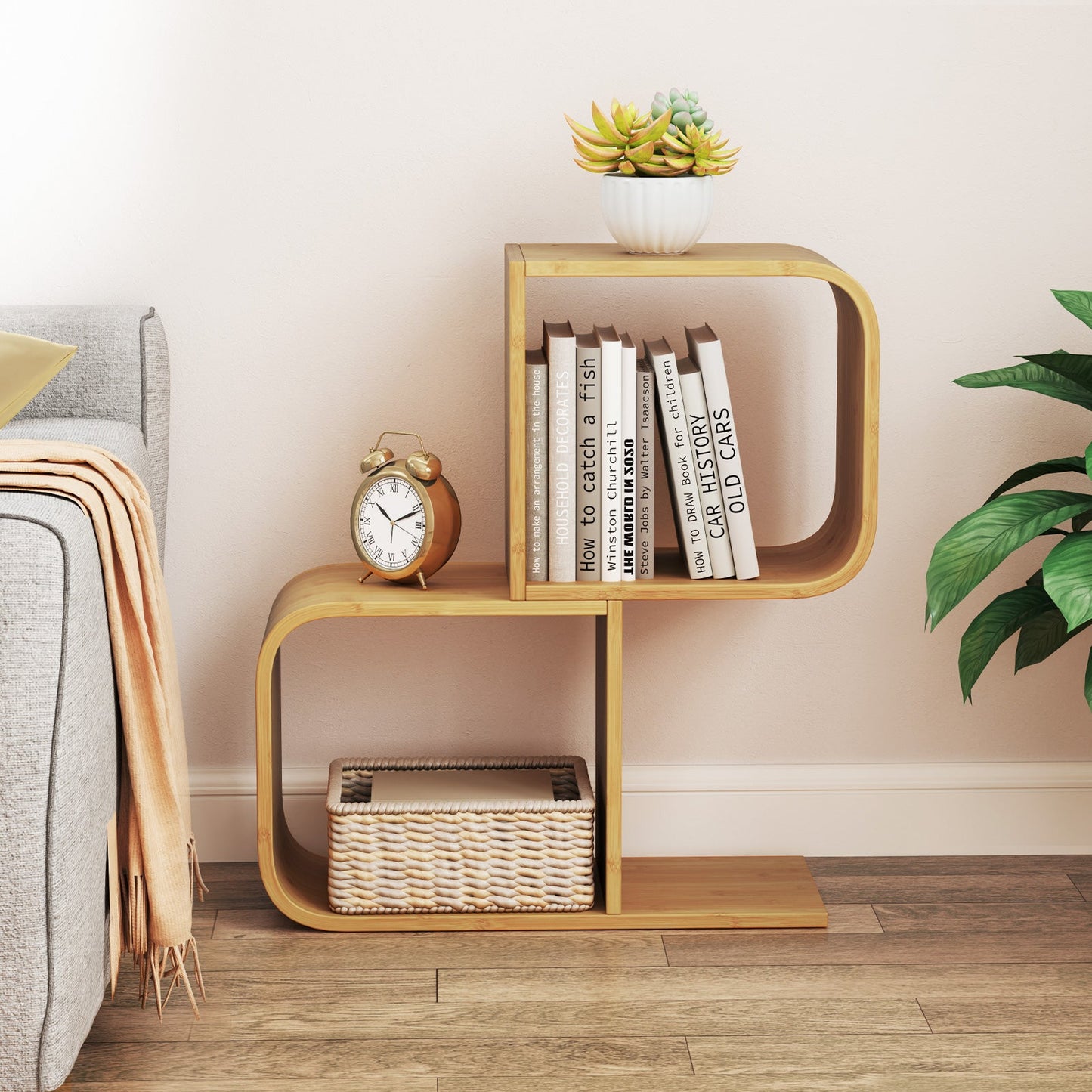 2-Tier S-Shaped Bamboo Bookcase with 2 Open Cubes-Natural