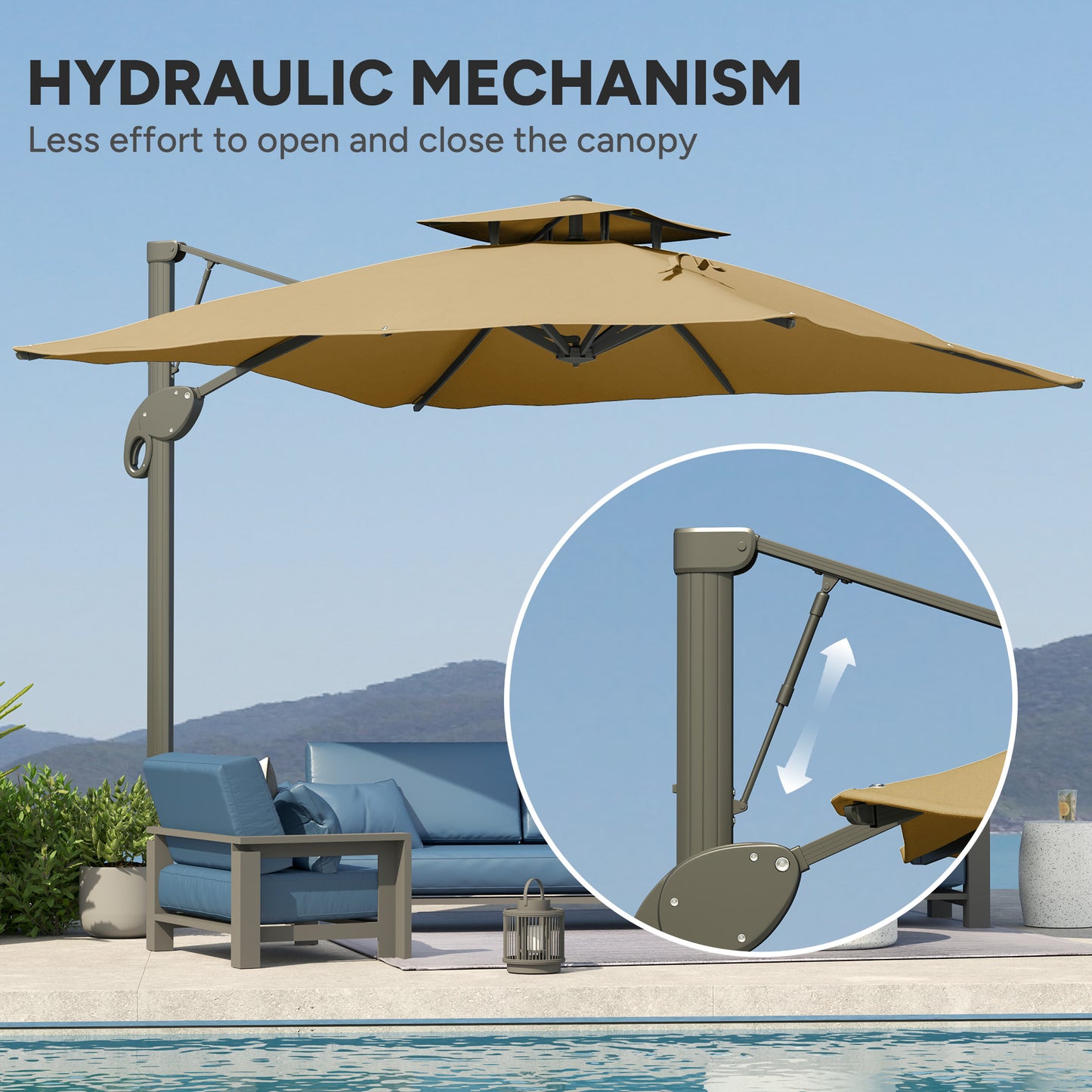 Parasol ogrodowy Outsunny, 3 m, wspornikowy, z mechanizmem hydraulicznym, góra z podwójnym otworem wentylacyjnym, 8 żeber, podstawa krzyżowa, kolor khaki