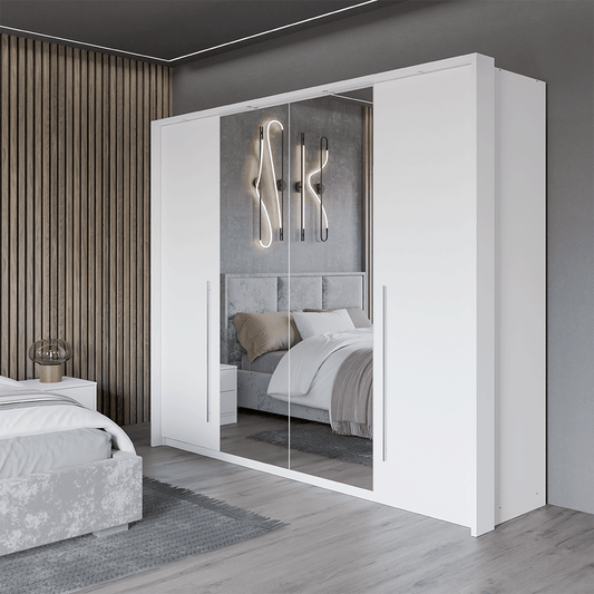 White Mirrored Folding Sliding Door Wardrobe 255cm – DUNHAM