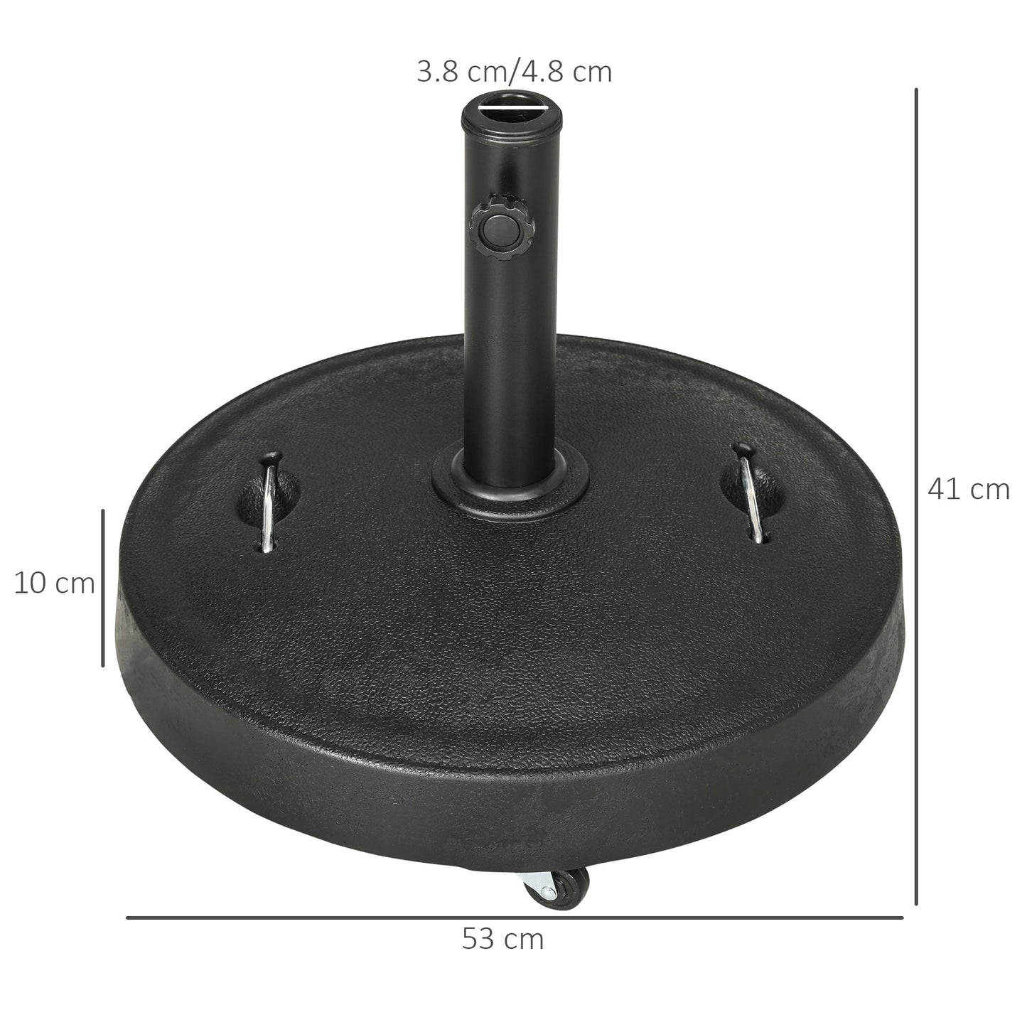 Outsunny 23.5kg Resin Garden Parasol Base with Wheels and Retractable Handles, Round Outdoor Market Umbrella Stand Weight for Poles of â38mm to â48mm, Black