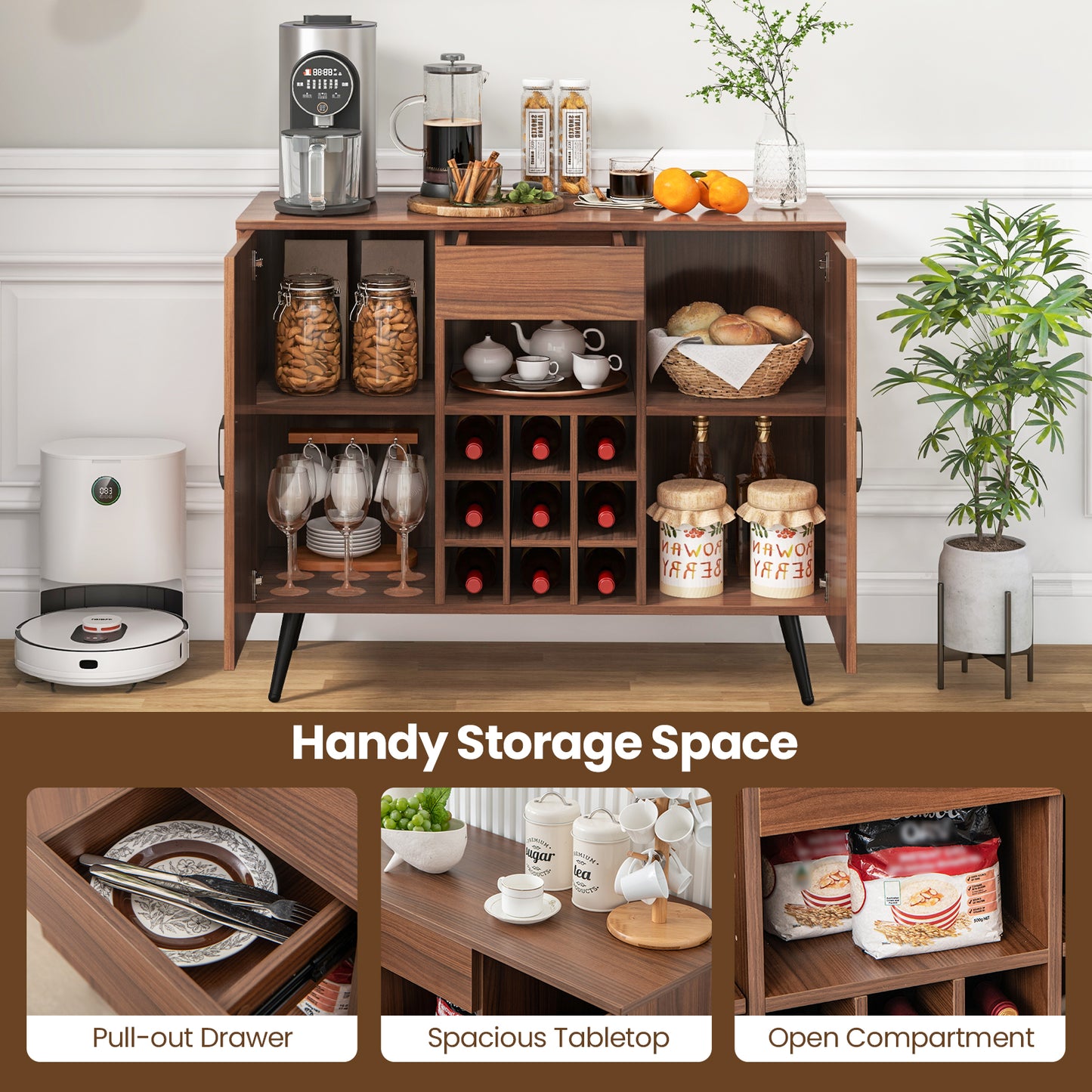 Mid-century Modern Buffet Server Cabinet with Adjustable Shelves-Walnut