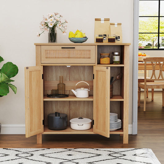 Buffet Sideboard with Rattan Woven Doors and Adjustable Shelf-Natural