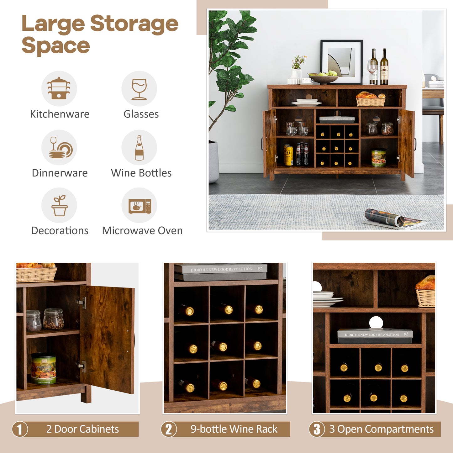 Buffet Storage Cabinet with Detachable 9-Bottle Wine Rack and 2 Door Cabinets-Rustic Brown