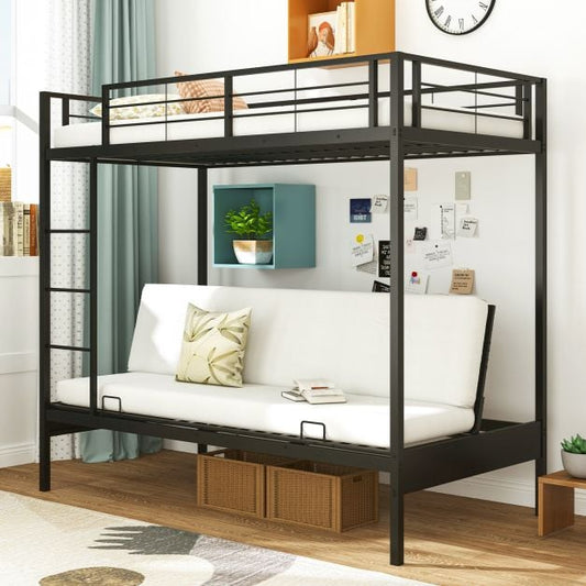 Single Over Futon Bunk Bed with Ladder and Safety Guardrails-Black-Single Size