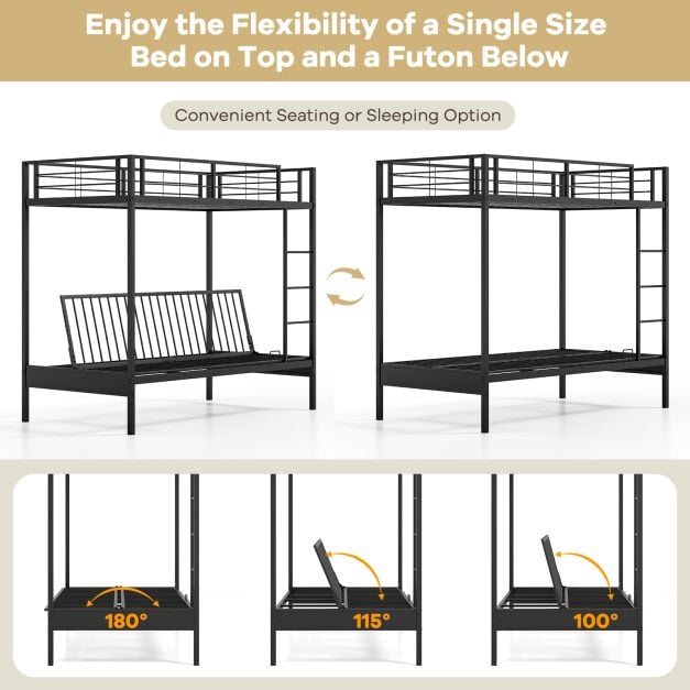 Single Over Futon Bunk Bed with Ladder and Safety Guardrails-Black-Single Size