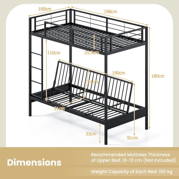 Single Over Futon Bunk Bed with Ladder and Safety Guardrails-Black-Single Size