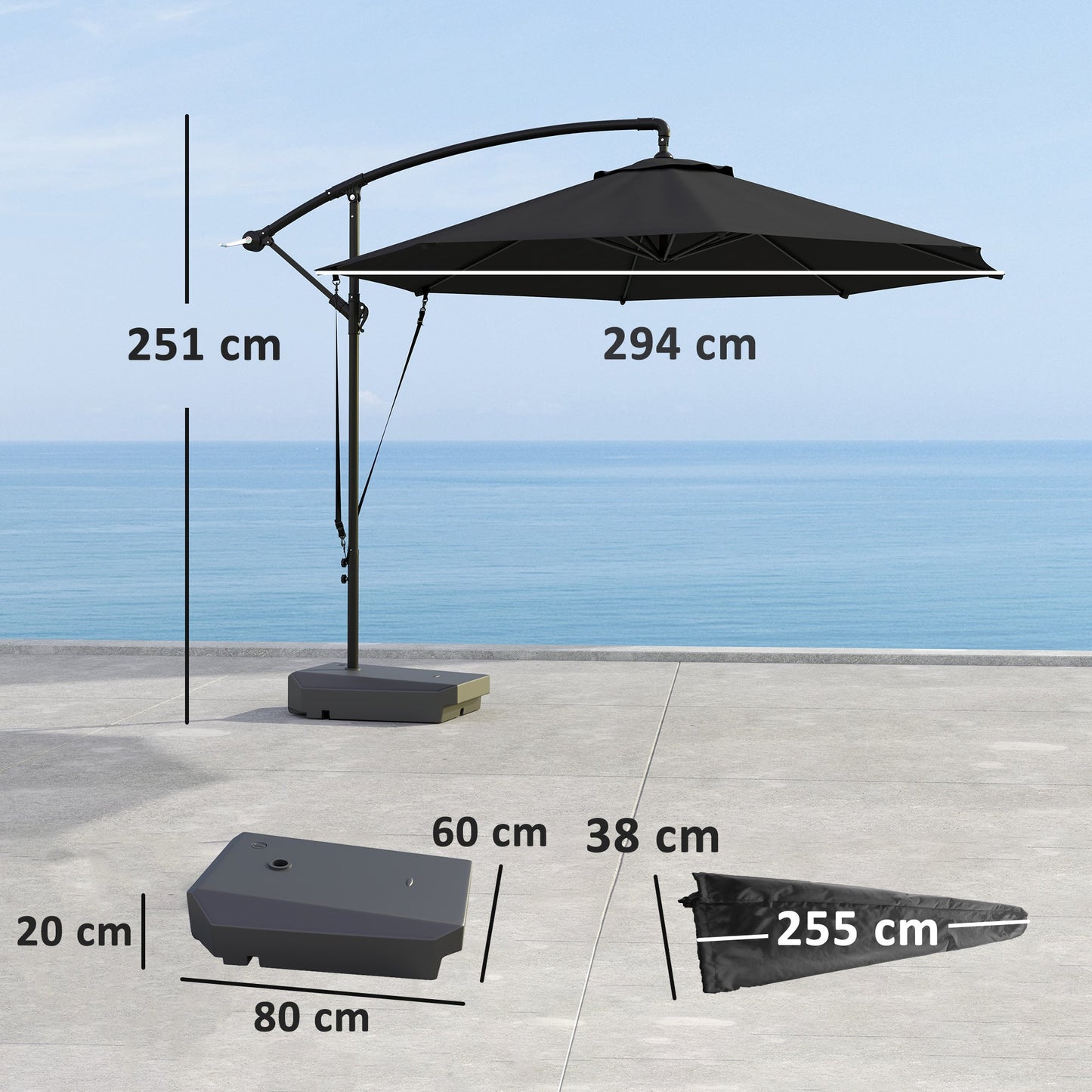 Outsunny 3(m) Parasol ogrodowy z wysięgnikiem i podstawą do napełniania, pasek chroniący przed wiatrem, pokrowiec, okrągły parasol wiszący w kształcie banana z korbką i pochyleniem, parasol tarasowy do ochrony przed słońcem na zewnątrz, UPF50+, szary