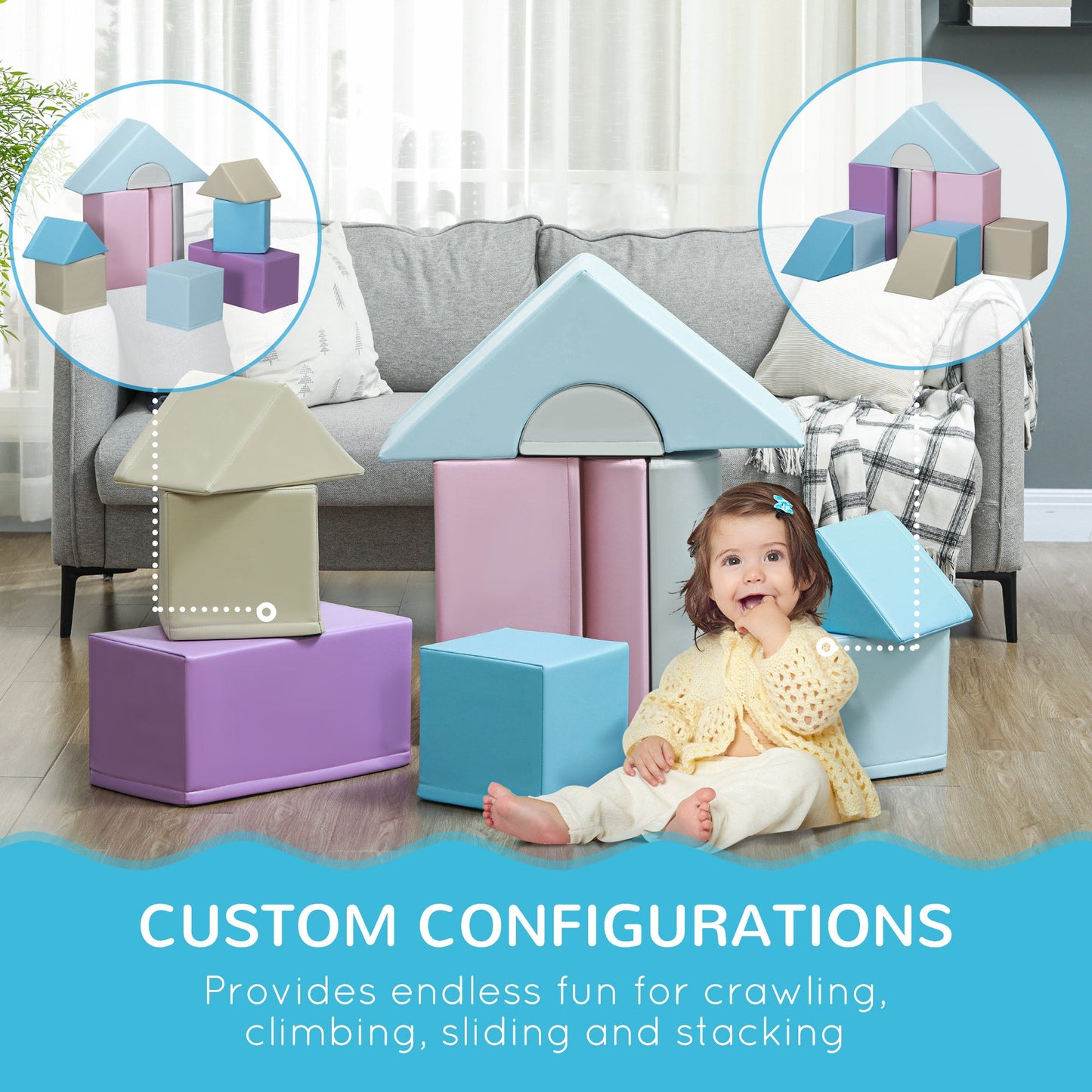 HOMCOM 11-Piece Kids Soft Play Set, Foam Block, Toys for Climbing, Crawling, Blue