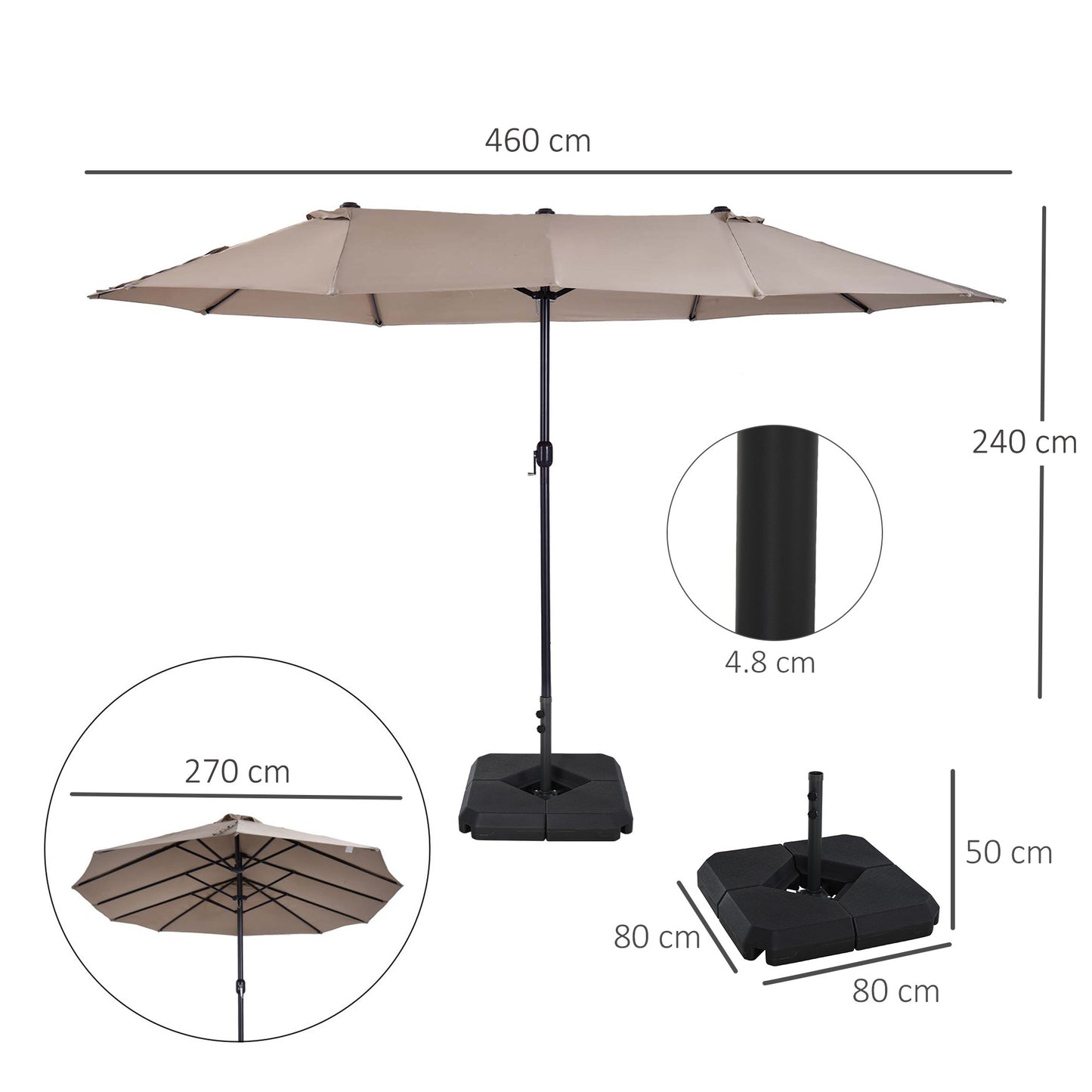 Outsunny 4,6 m Parasol ogrodowy dwustronny parasol przeciwsłoneczny na patio, zadaszenie, osłona rynkowa, baldachim z podstawą ciężarkową, brązowy