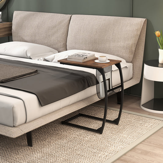 C-Shaped Compact Sofa Side Snack Table for Small Space Living Room-Brown