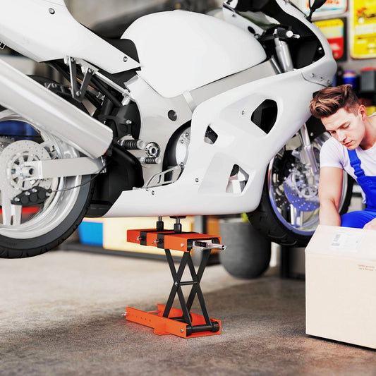 HOMCOM 500 kg Motorcycle Scissor Lift Jack, Heavy Duty Steel Adjustable Motorbike Lifting Hoist Stand with Safety Pin, Foldable Lifter for Dirt Bike Repair Maintenance, 45x15 cm Large Platform, Orange