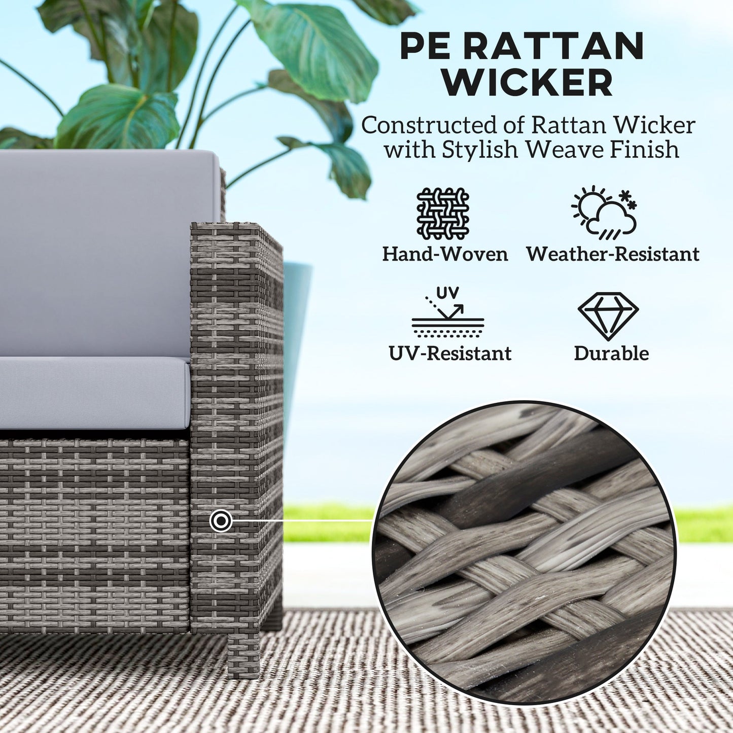 Sofa rattanowa Outsunny, 2-osobowa ogrodowa z miękką wyściółką i podłokietnikami, wiklinowa ogrodowa sofa dwuosobowa na patio, mieszana szarość