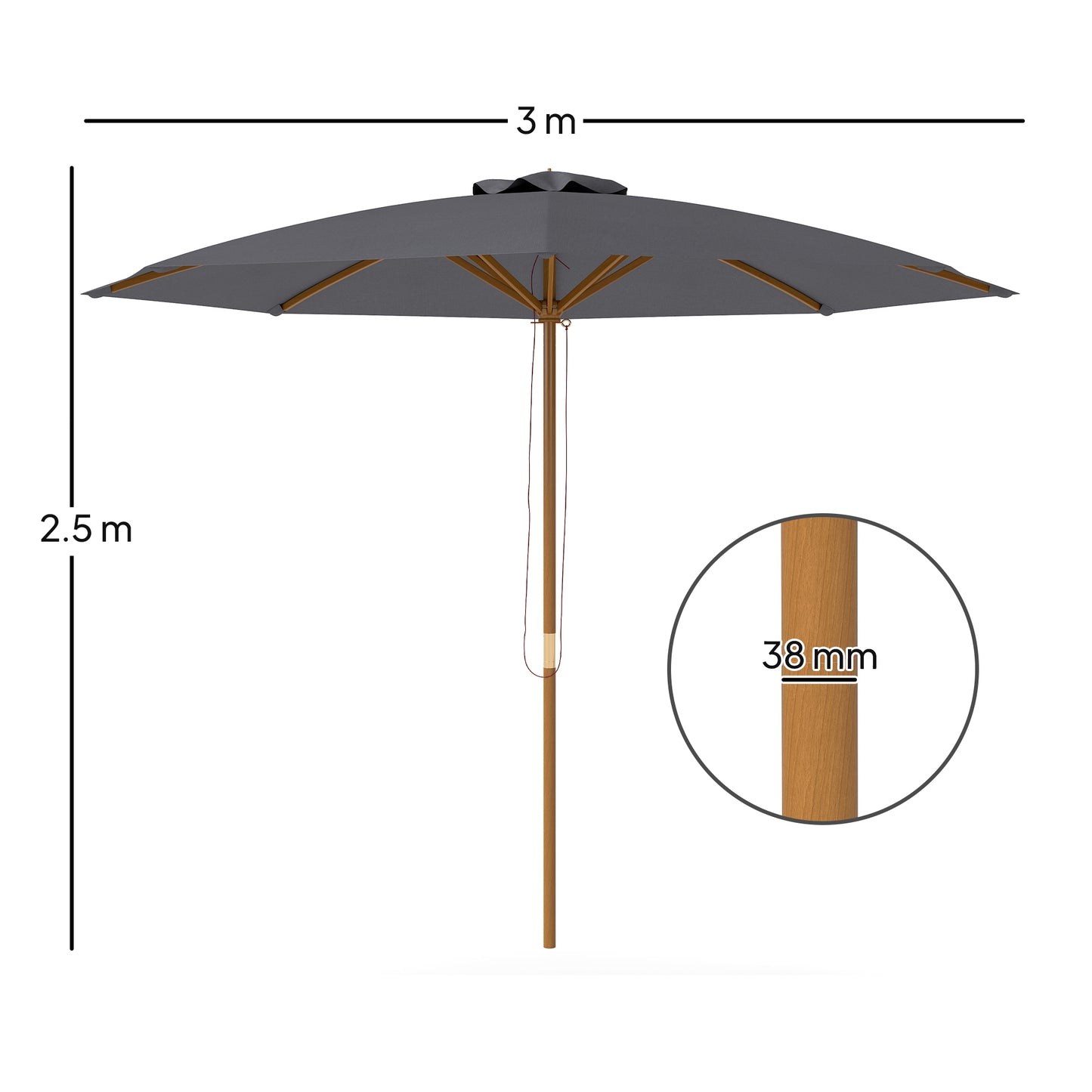 Outsunny 3m Parasol na słupku drewnianym - szary