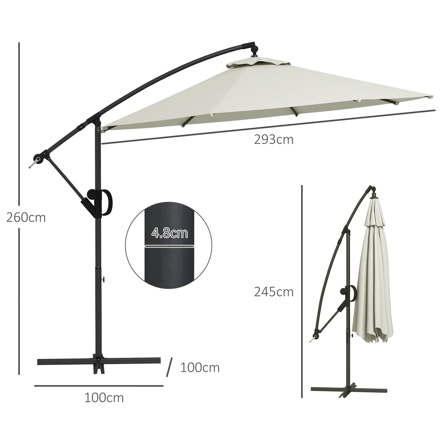 Outsunny 3(m) Parasol typu Offset Cantilever z podstawą w kształcie krzyża - kremowy