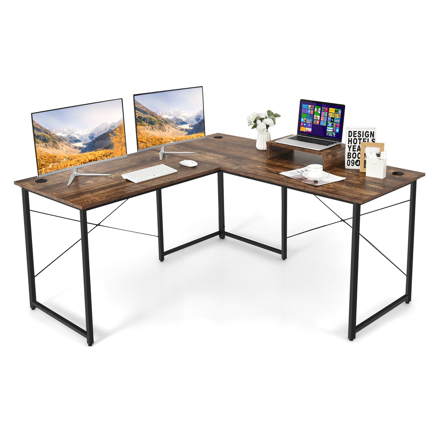 Reversible Corner Study Workstation and Writing Desk with Monitor Stand-Rustic Brown