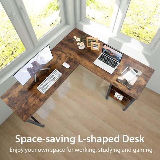 Large Corner L-Shaped Computer Desk with 3 Storage Shelves in Rustic Brown, image 2