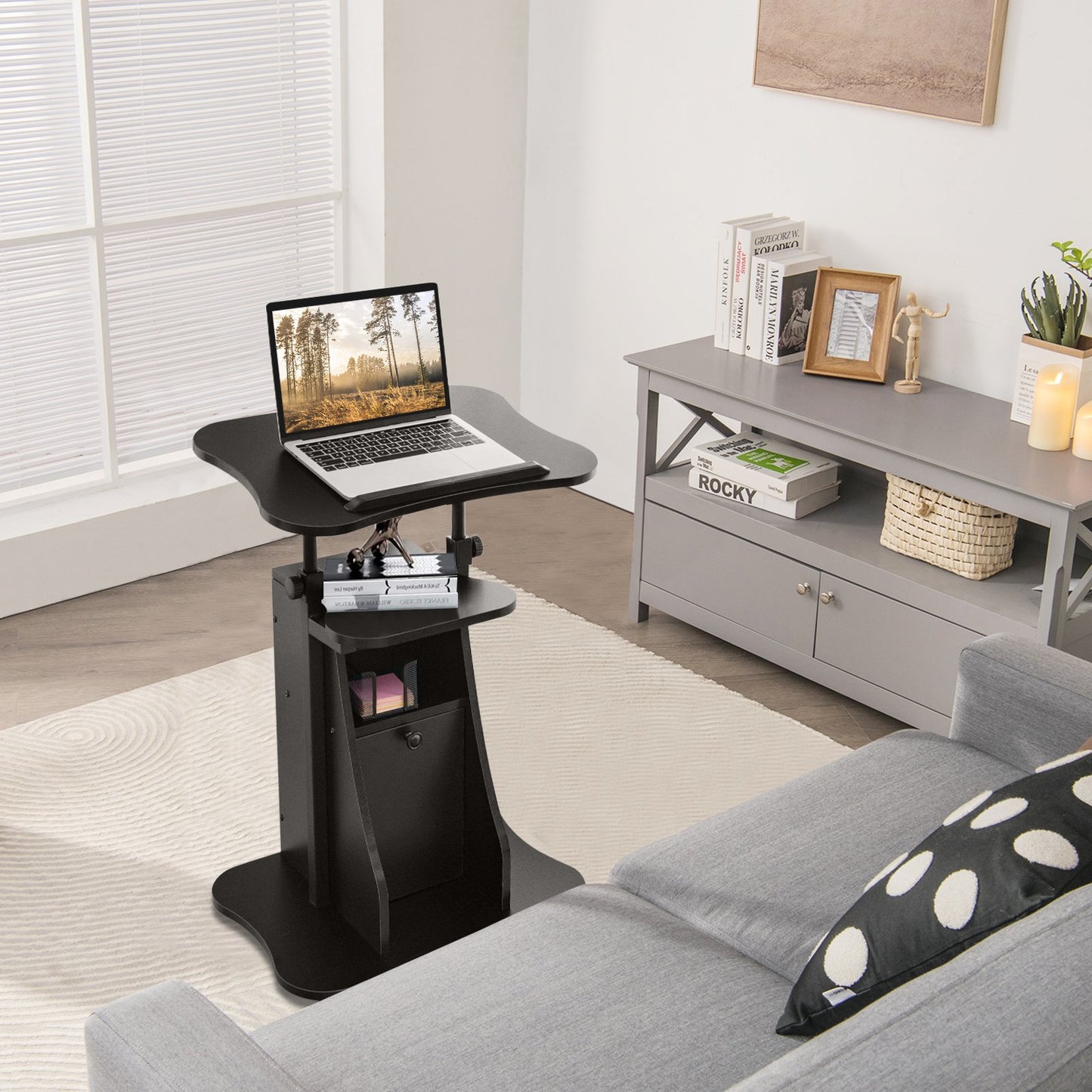 Mobile Laptop Table with Adjustable Height and Storage Cabinet-Black