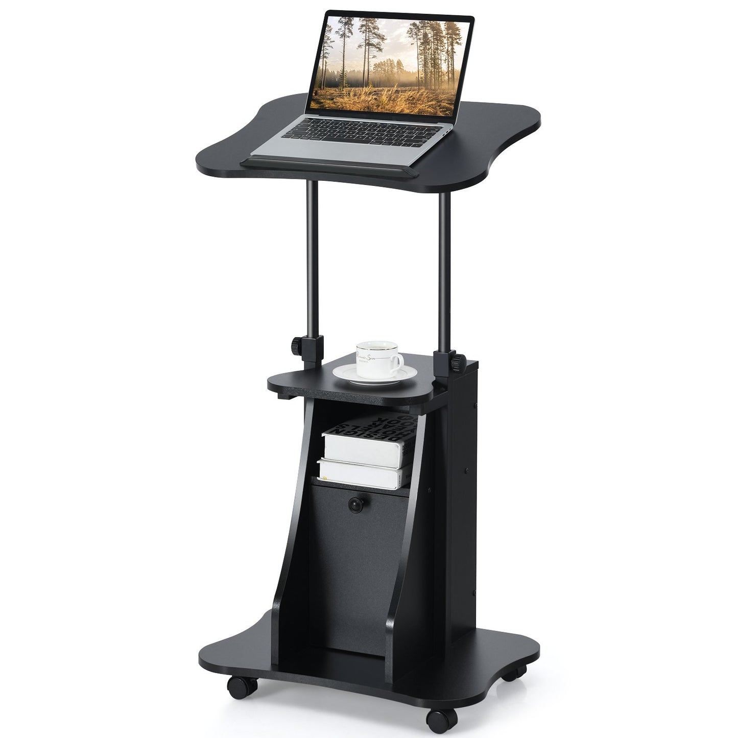 Mobile Laptop Table with Adjustable Height and Storage Cabinet-Black
