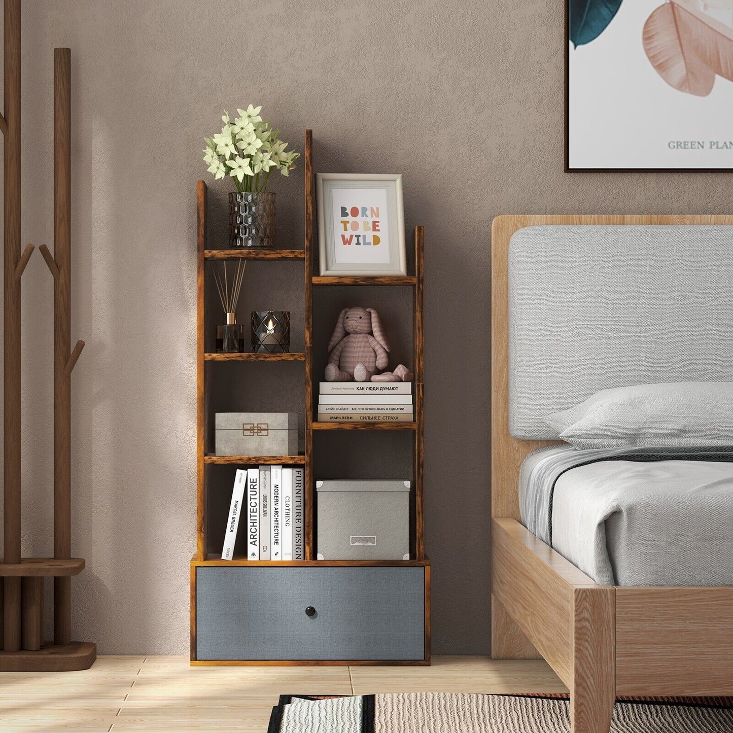 7-Tier Wooden Bookshelf with Folding Drawer for Study Living Room-Rustic Brown