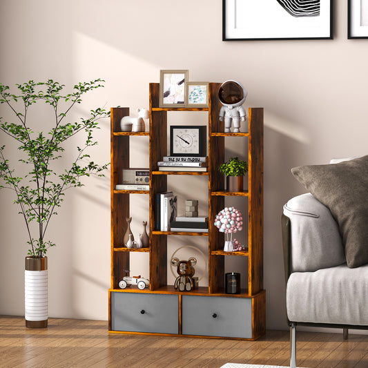 12-Tier Wooden Bookshelf with Folding Drawer for Study Living Room-Brown
