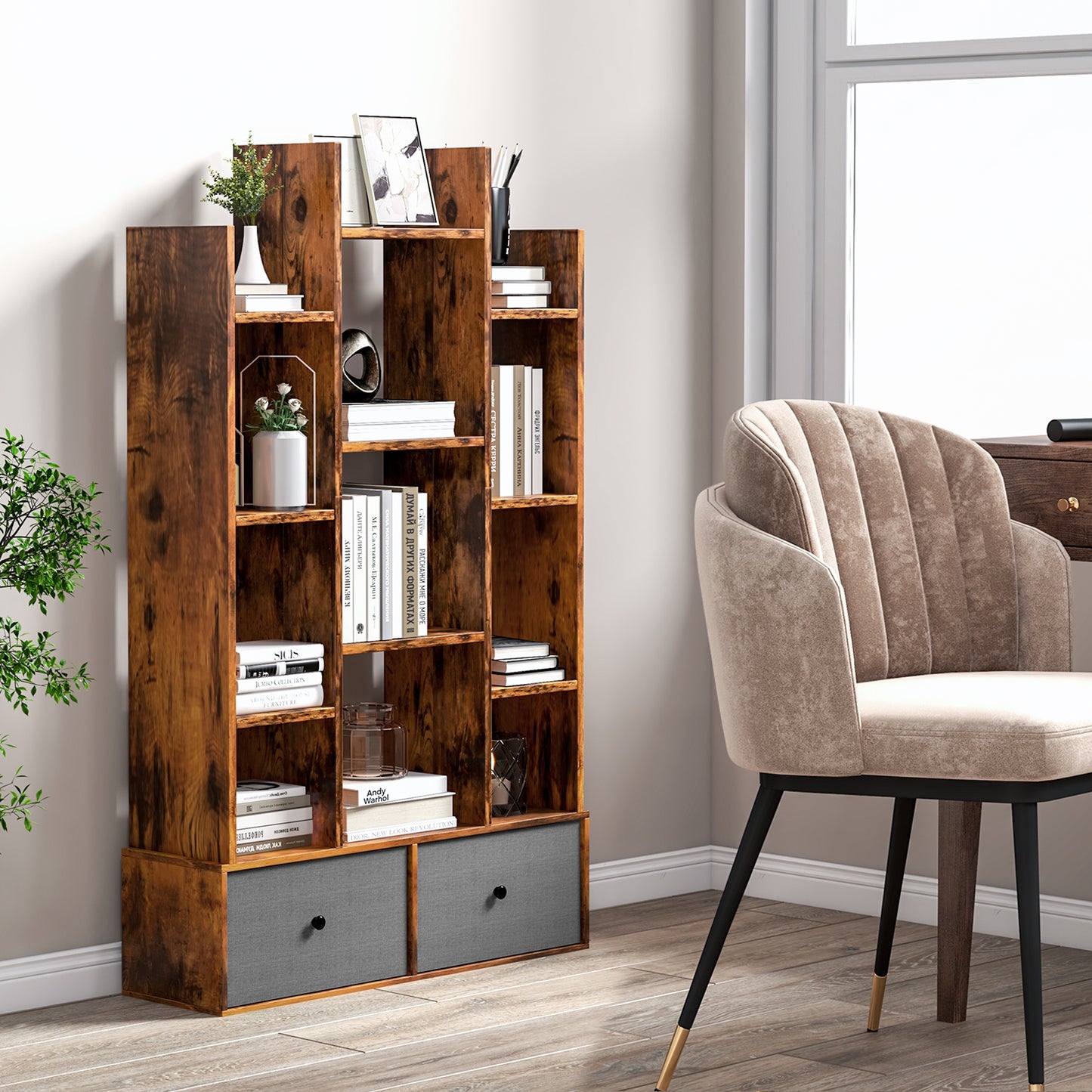12-Tier Wooden Bookshelf with Folding Drawer for Study Living Room-Brown