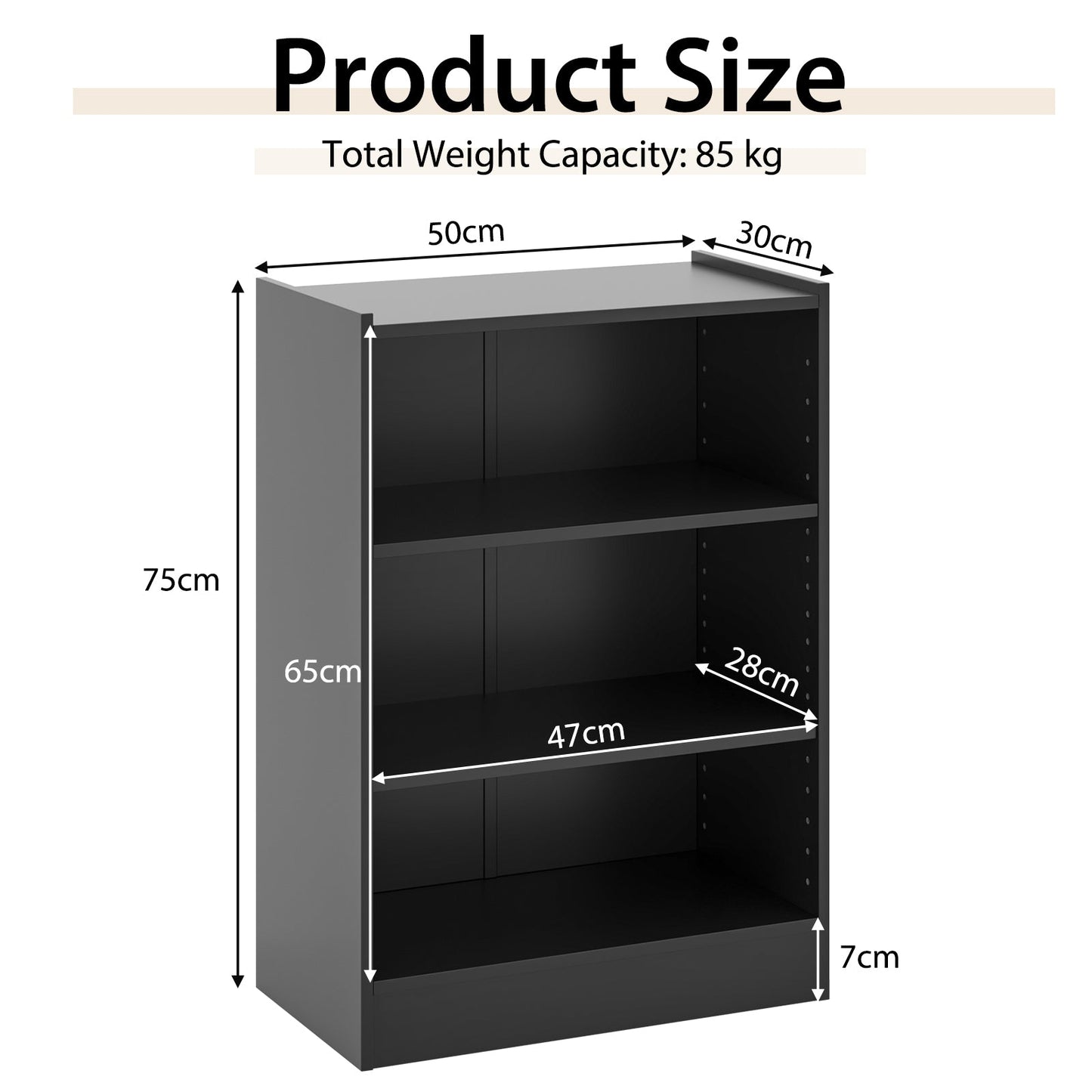 3-Tier Floor Standing Open Bookshelf with Anti-toppling Device-Black