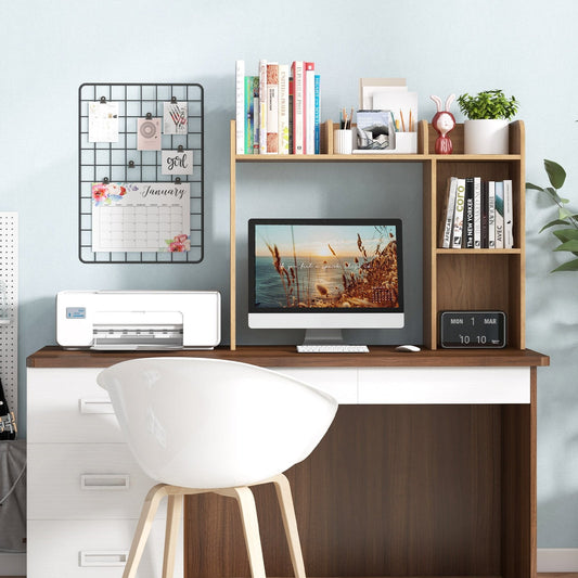 Wooden Desk Bookshelf with 4 Shelves and Open Back Compartment-Natural