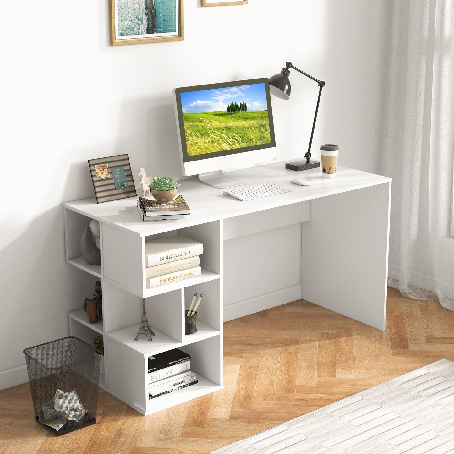 Modern Computer Desk with Storage Shelves and Anti-Tipping Kits-White