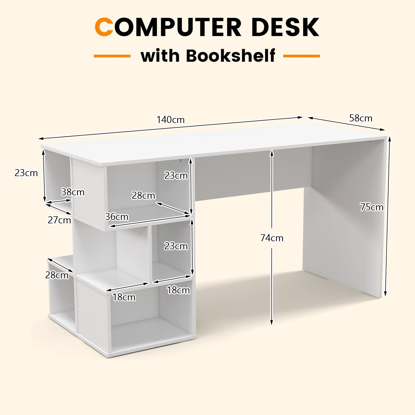 Modern Computer Desk with Storage Shelves and Anti-Tipping Kits-White